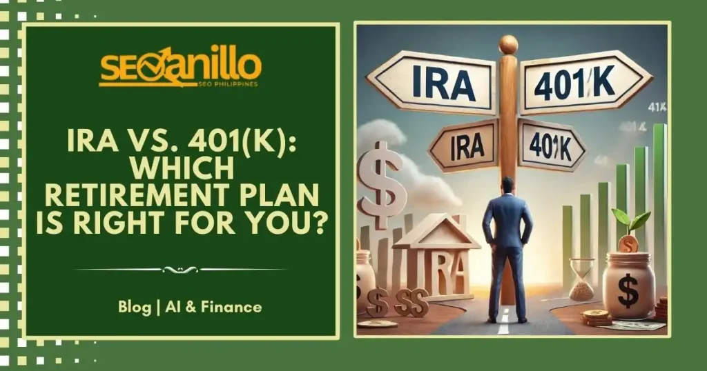 Comparison of IRA vs. 401(k) retirement plans, featuring a decision crossroads illustration.