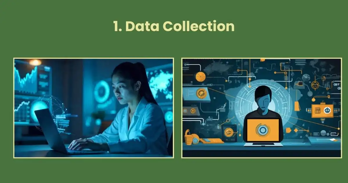 Person analyzing data on a laptop alongside a digital data graphic