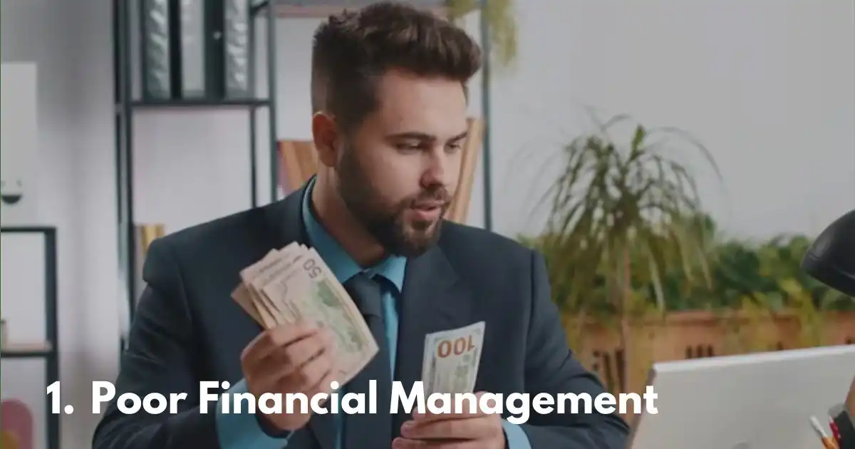 Man in suit counting cash, highlighting poor financial management.