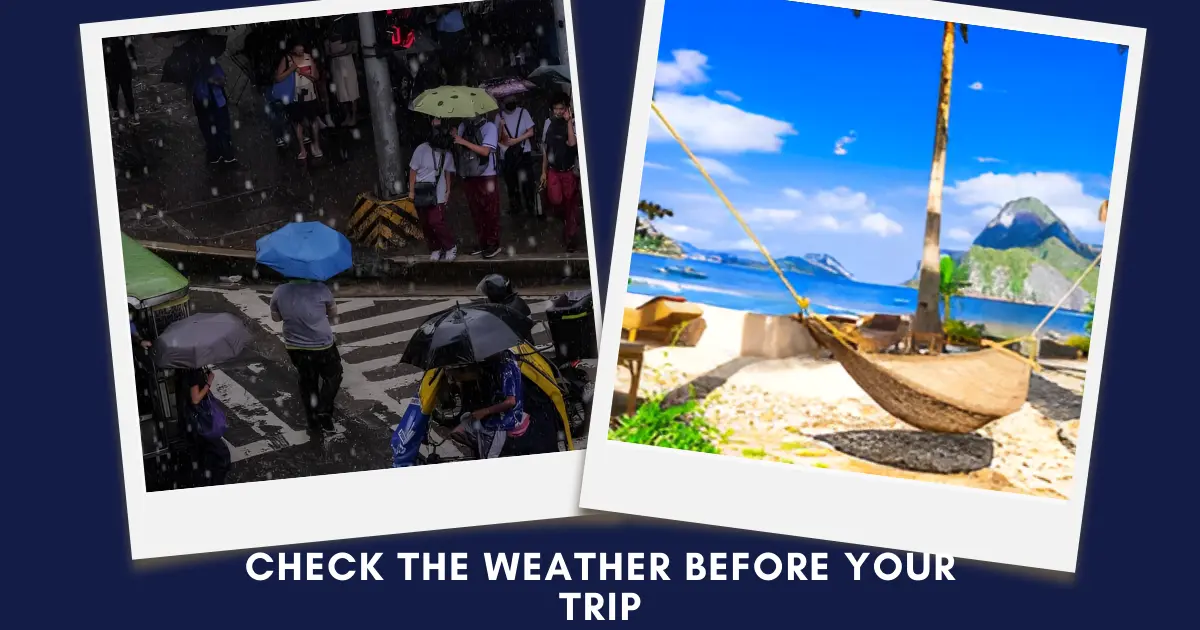Split-design collage with a rainy city scene on the left and a sunny beach view on the right, styled as Polaroid photos