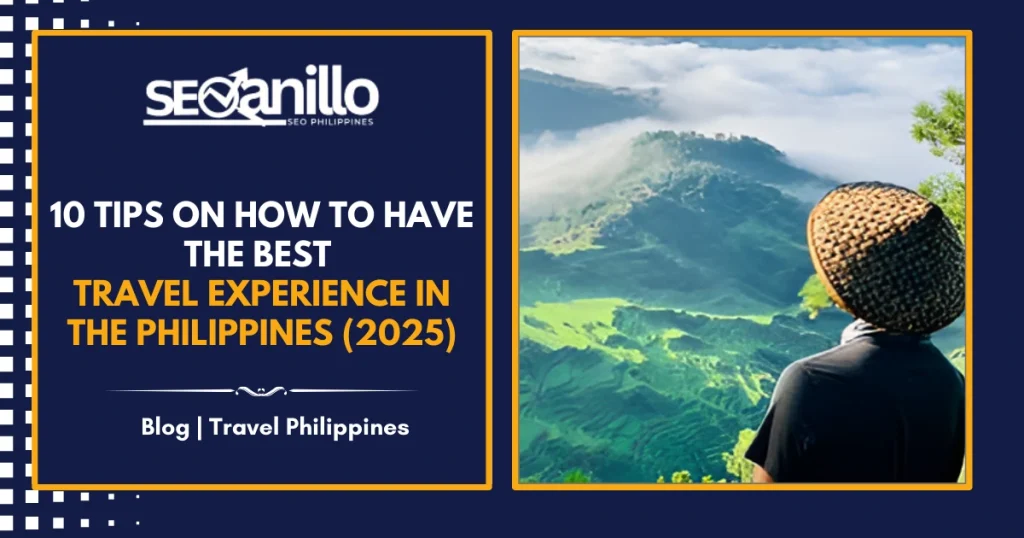 A modern blog graphic with bold text, a travel logo, and a scenic mountain view