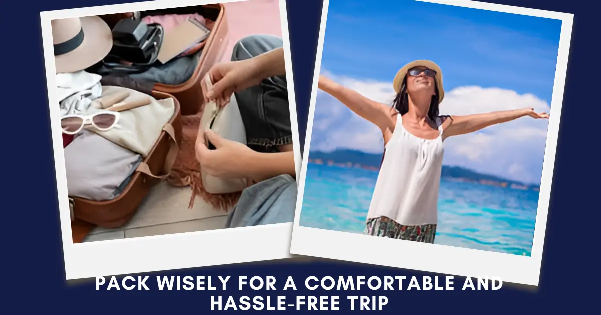 Polaroid-style split image of packed luggage and a joyful woman at the beach