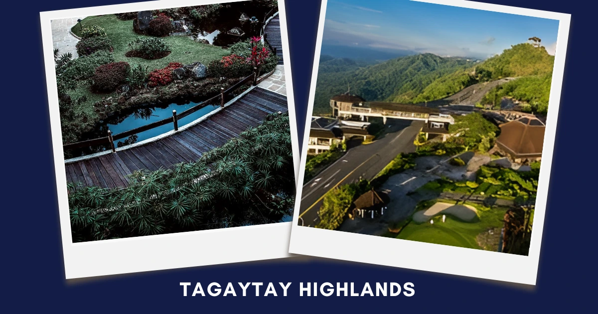 Polaroid-style collage of garden paths and mountain resort views on deep blue background