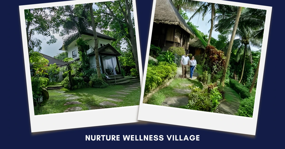 Polaroid-style collage of garden paths and tropical cottages on a navy blue background