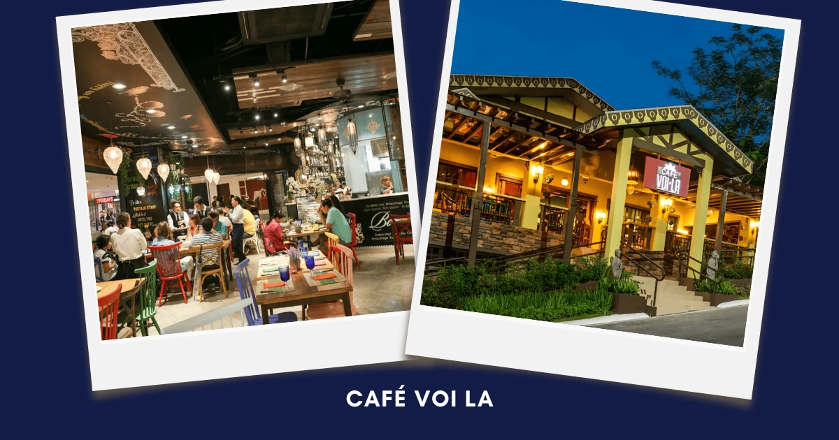 Polaroid-style collage of a cozy restaurant interior and warmly lit facade on blue backdrop