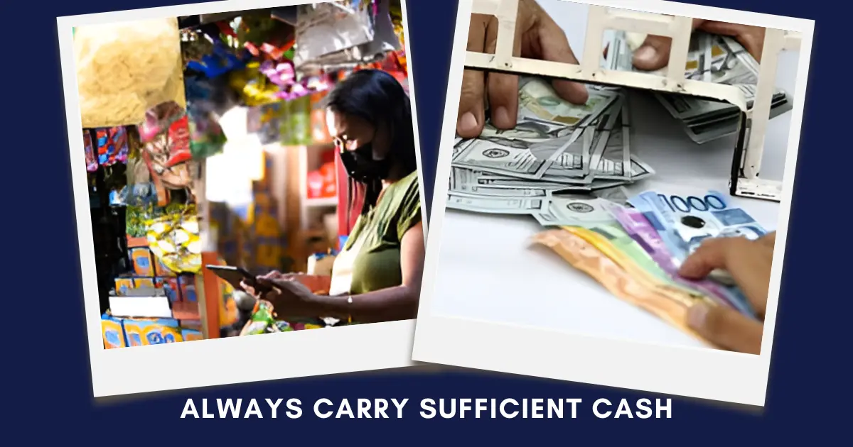 Polaroid-style collage of a woman shopping and hands handling various currencies