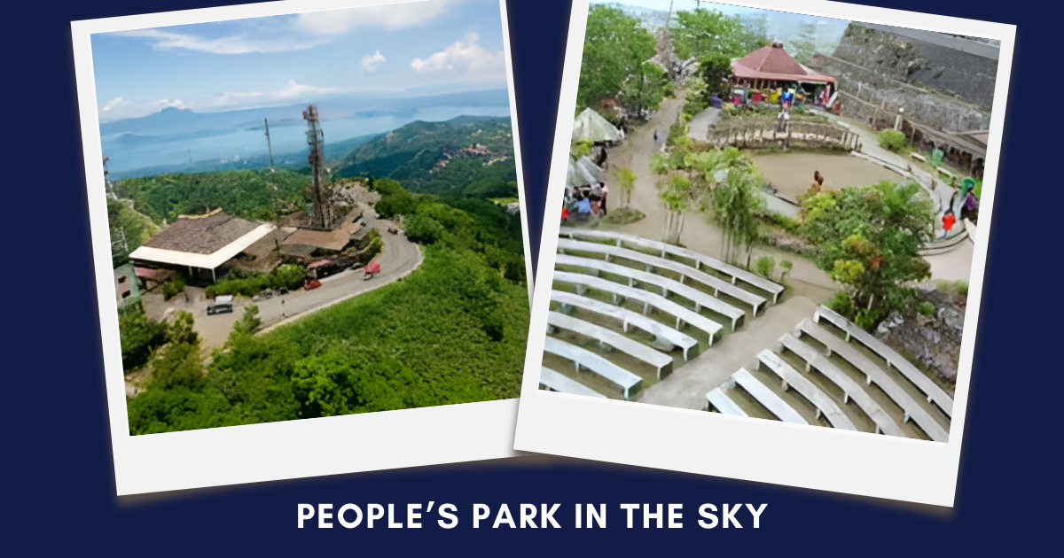 Polaroid-style collage with aerial views of a park and amphitheater on a blue backdrop