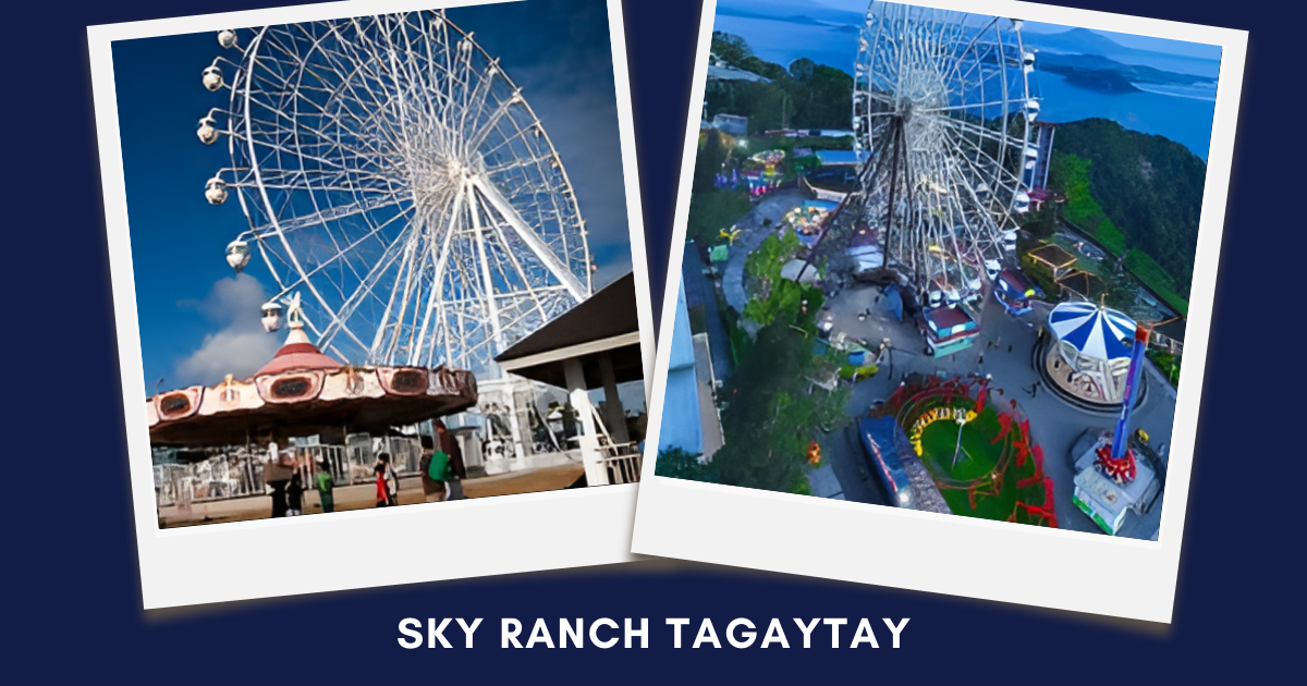 Polaroid-style collage showing a Ferris wheel and amusement rides on a navy blue backdrop