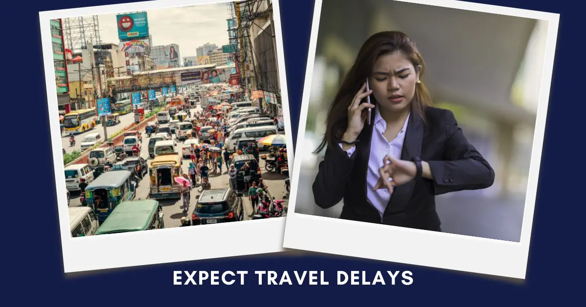 Collage of heavy city traffic and a worried woman checking her watch while on a phone call