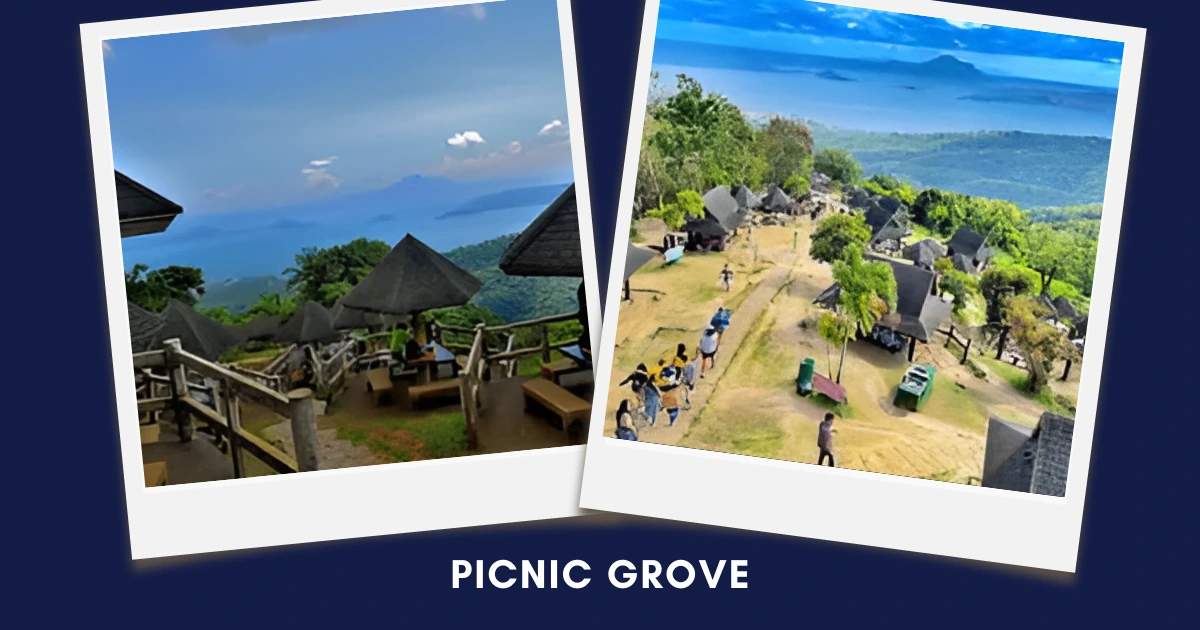 Polaroid-style collage with scenic hut views and grassy paths over a dark blue background