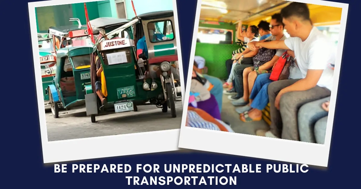Collage of tricycles waiting for passengers and commuters inside a crowded jeepney