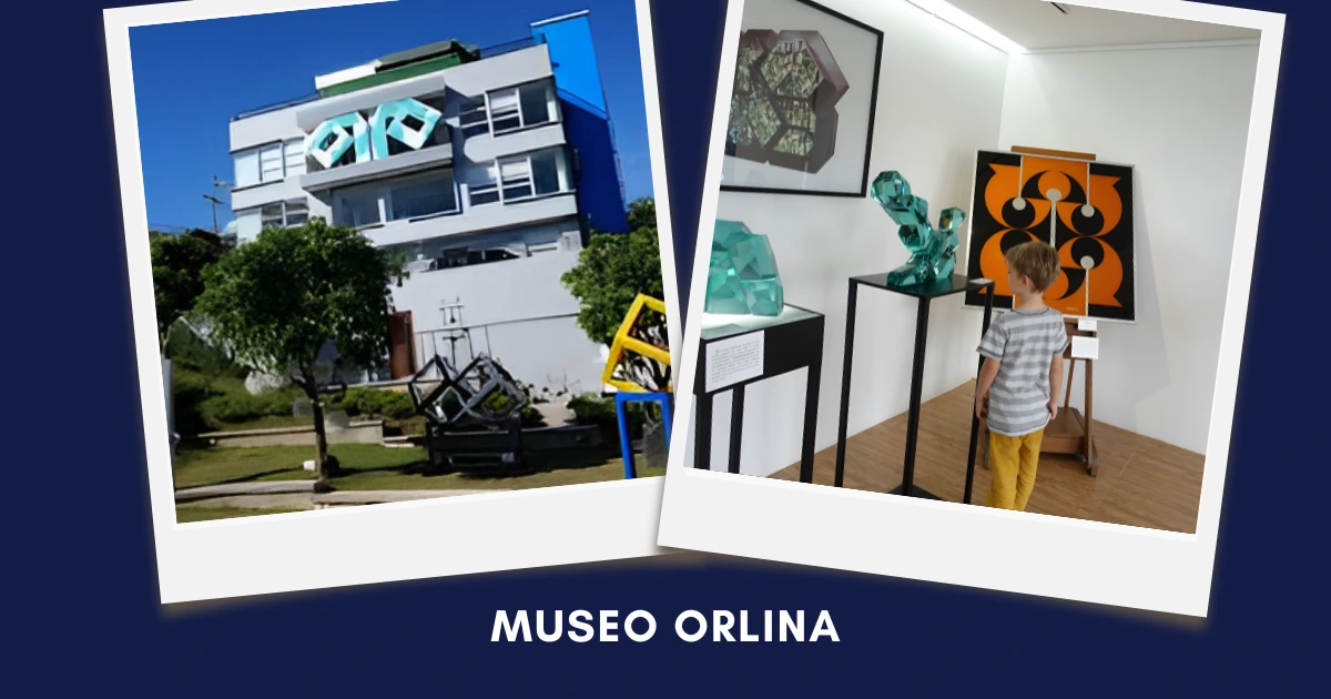 Polaroid-style collage featuring modern art sculptures and a museum facade on blue backdrop