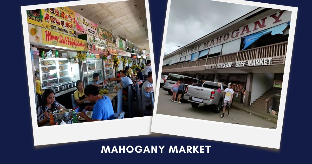Polaroid-style collage showing a busy food stall area and market facade on blue background
