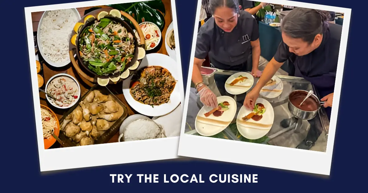 Collage of traditional Filipino dishes on a table and chefs preparing plated gourmet meals