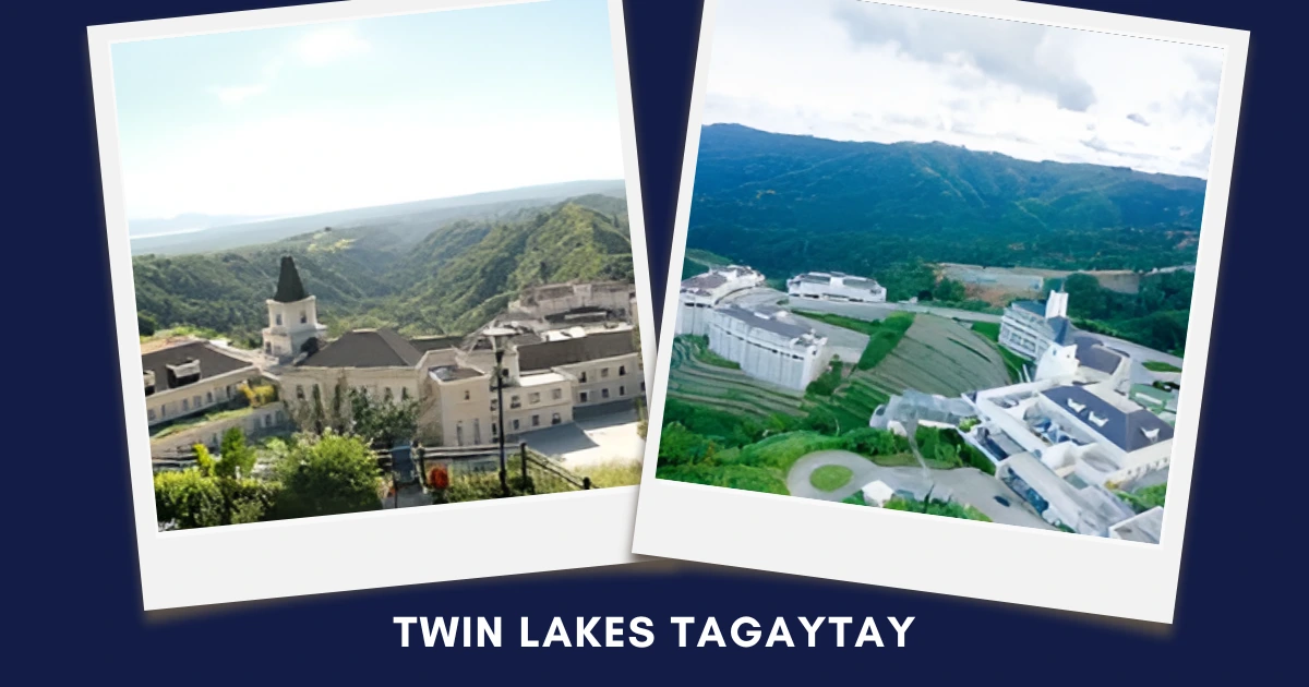 Polaroid-style collage of hillside buildings and scenic mountain views on blue background