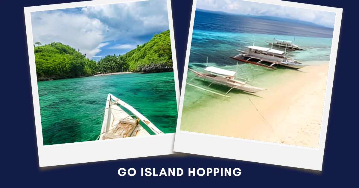 Scenic island views from a boat and traditional boats docked on a sandy shore