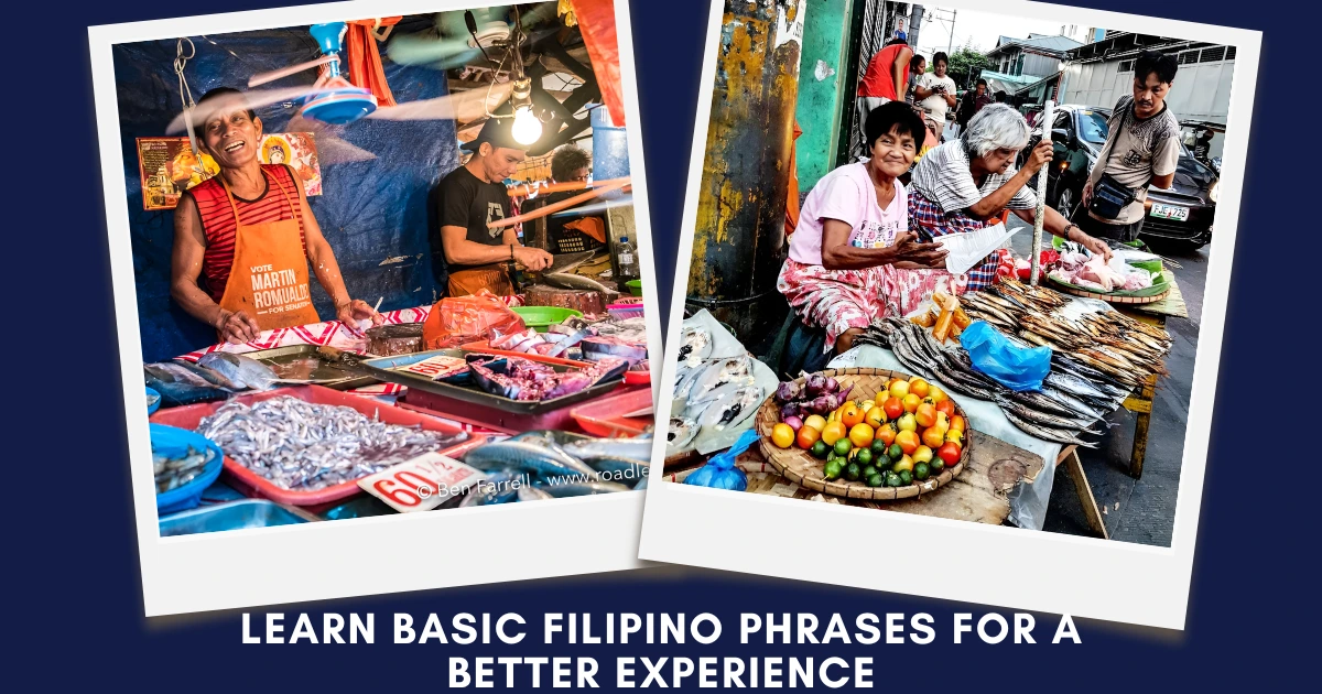 Polaroid-style collage of friendly market vendors selling fresh produce and seafood in the Philippines