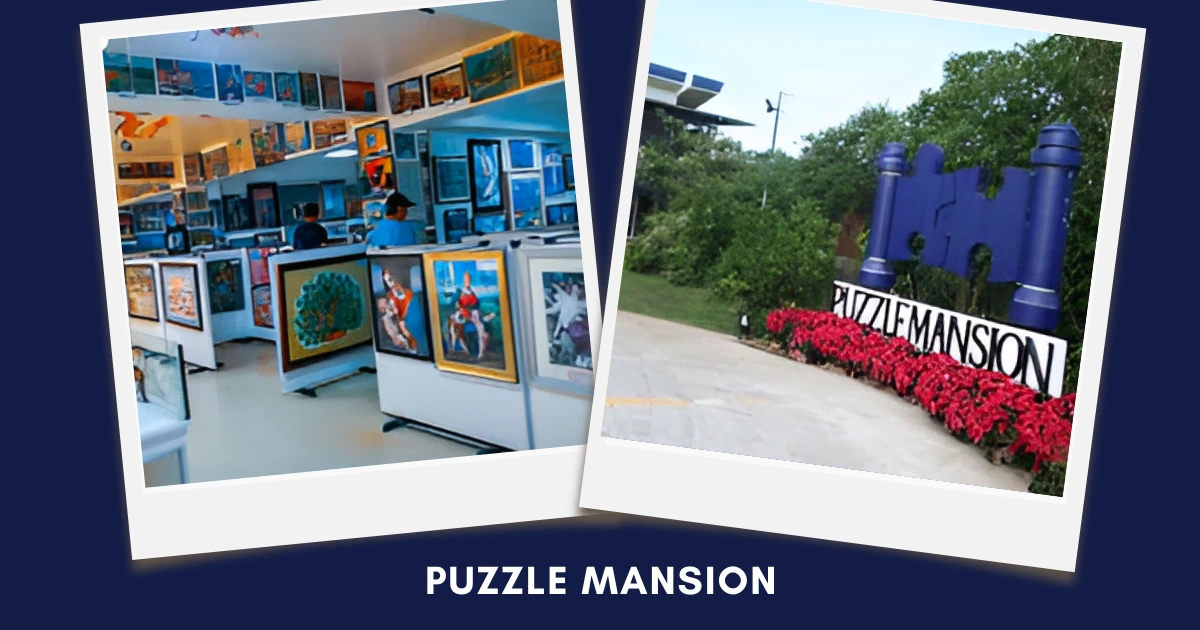 Polaroid-style collage with puzzle art displays and a bold castle-themed entrance sign