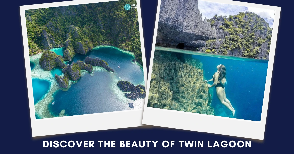 Polaroid-style collage of Twin Lagoon’s aerial view and swimmer exploring underwater rock formations