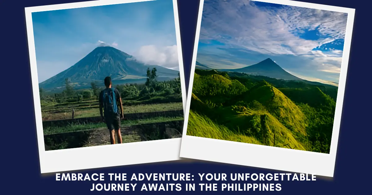 Polaroid-style split image of a hiker and a scenic volcano with lush green hills