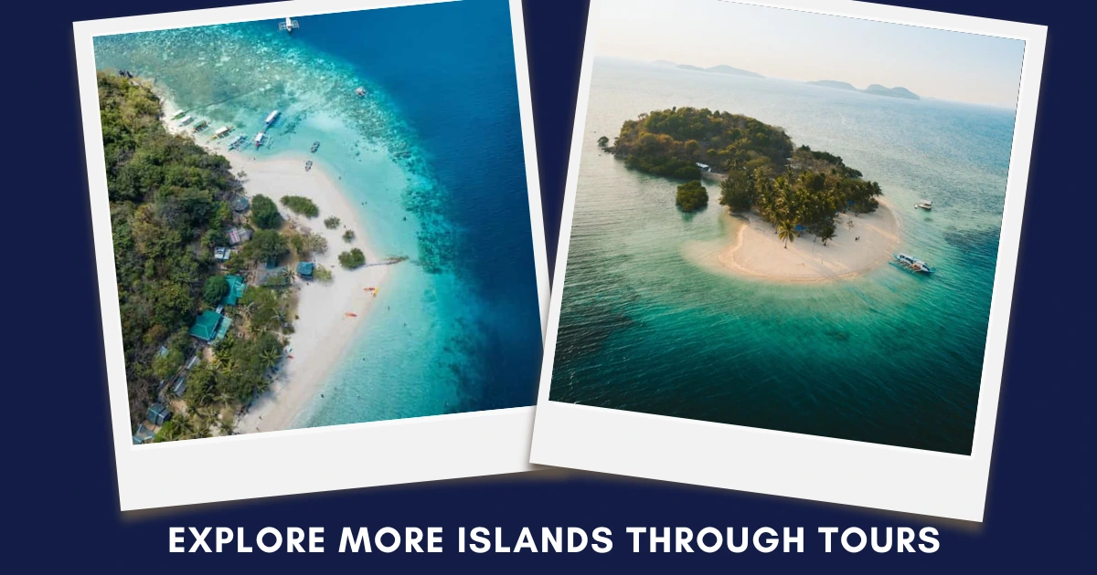 Polaroid-style collage of tropical islands with white sand beaches, clear waters, and boats