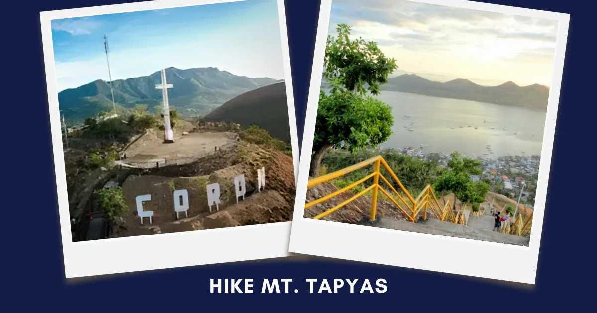 Polaroid-style collage of Mt. Tapyas summit with a cross and a scenic view from the stairs