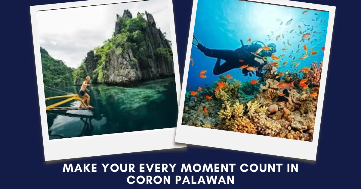 Polaroid-style collage of a person jumping off a boat into clear water and a diver in coral reefs