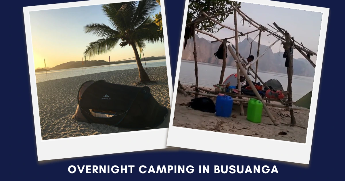 Polaroid-style collage of a beach tent at sunset and a rustic campsite with supplies by the shore