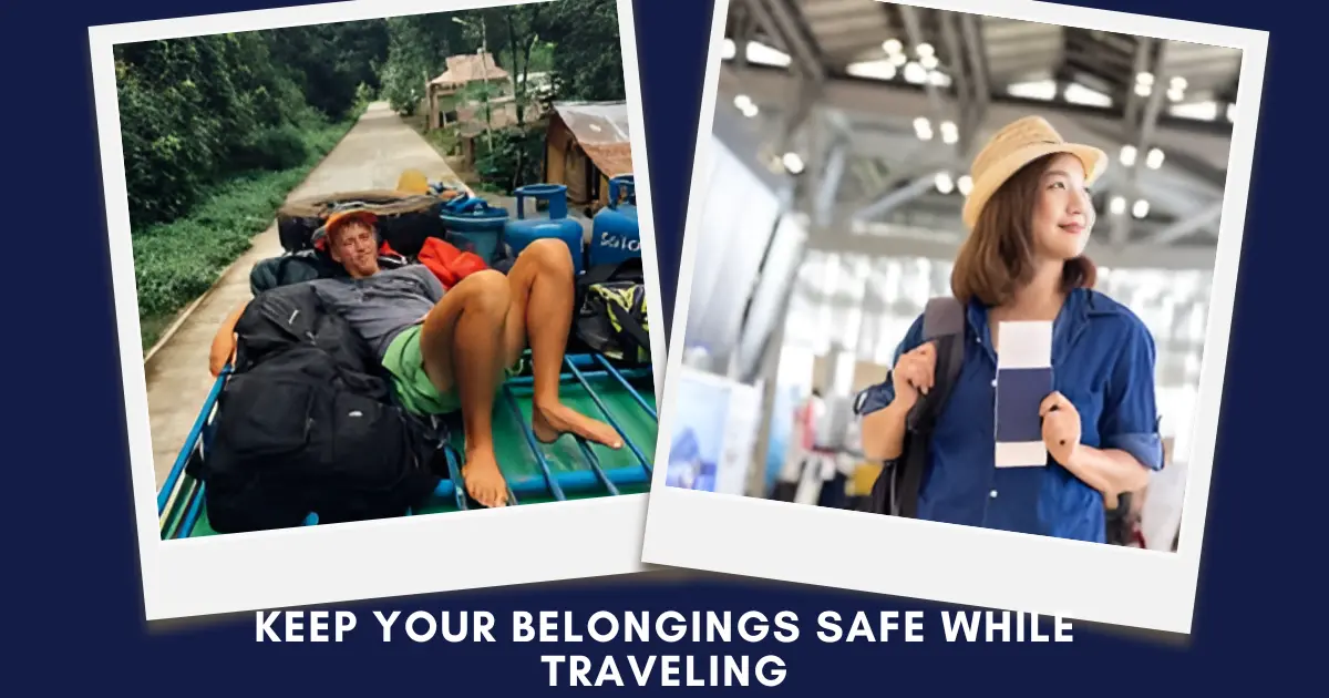 Traveler with luggage on a vehicle and a woman keeping belongings safe at an airport