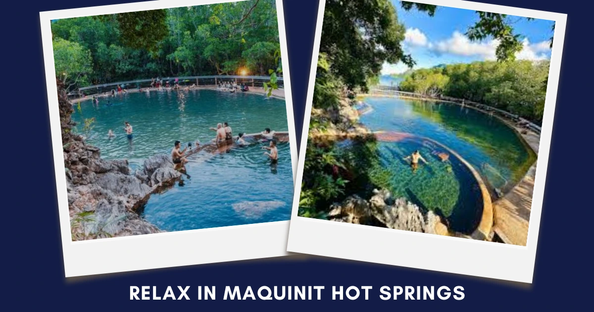 Polaroid-style collage of clear hot spring pools and people relaxing in the warm pools