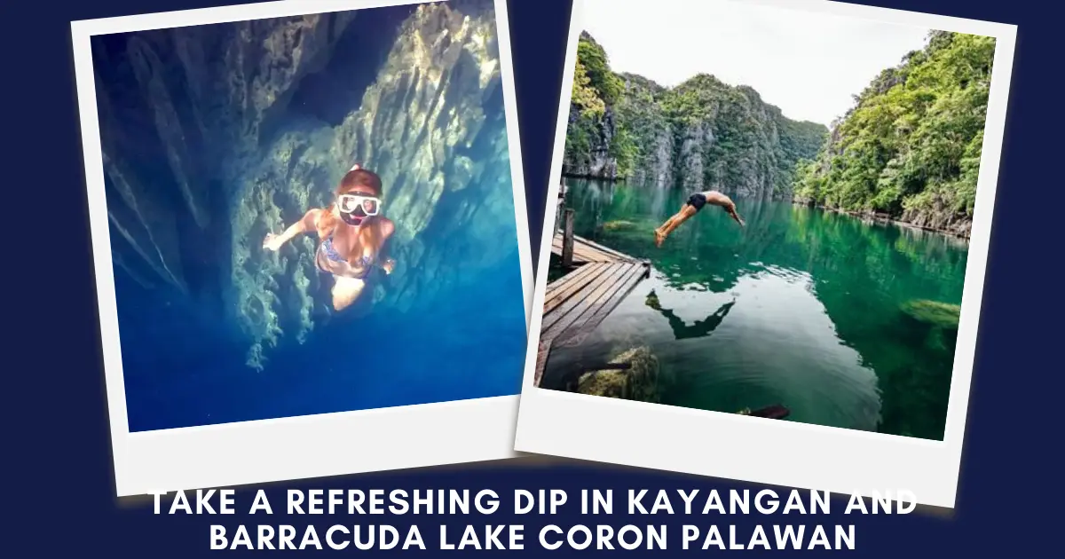 Polaroid-style collage of a snorkeler in deep water and a diver jumping into a clear lake