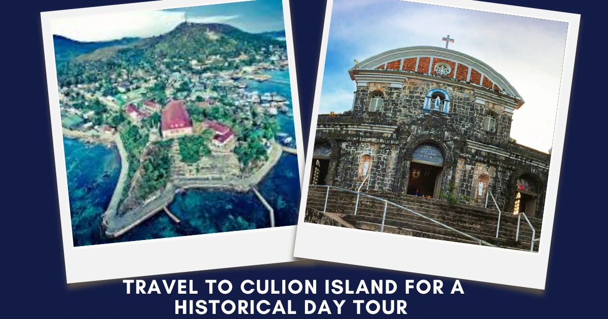 Polaroid-style collage of an aerial view of a coastal town and an old stone church with stairs