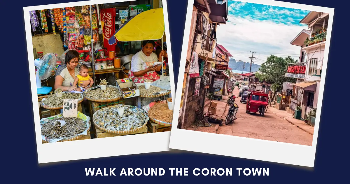 Polaroid-style collage of a lively local market and a bustling street with tricycles in Coron