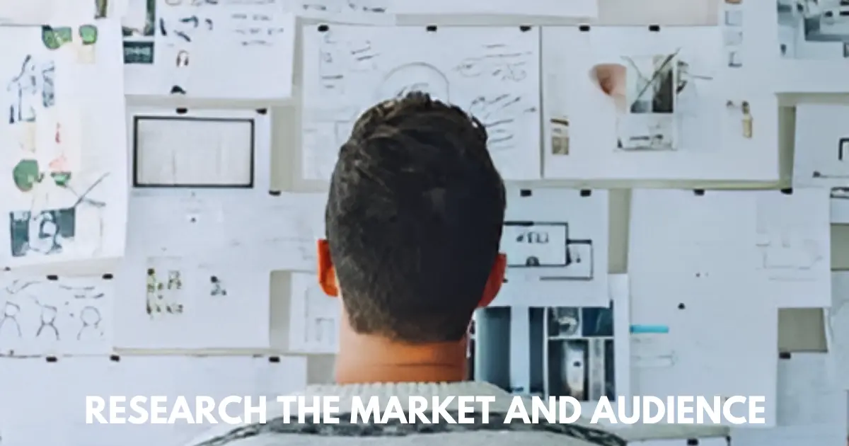 Man analyzing design sketches and pinned concept drawings on a creative studio wall.