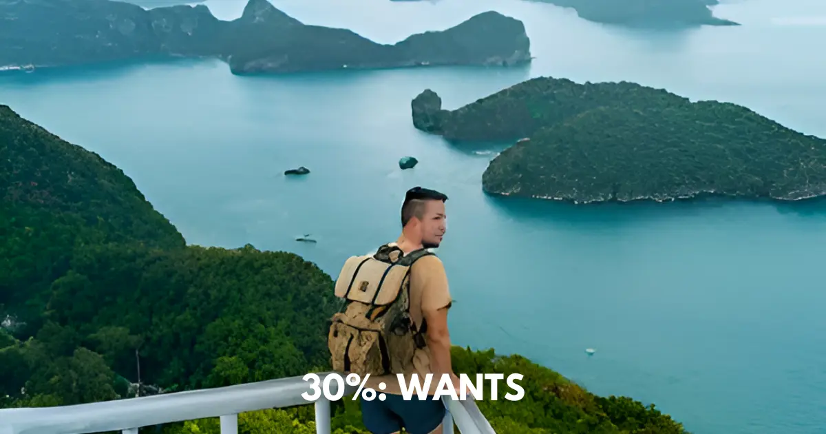 Man with a backback at the top of a viewdeck facing ocean view with islands.