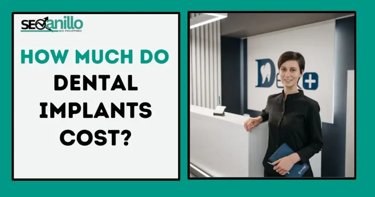 Teal and black dental cost graphic with bold text and a smiling woman in clinic reception.