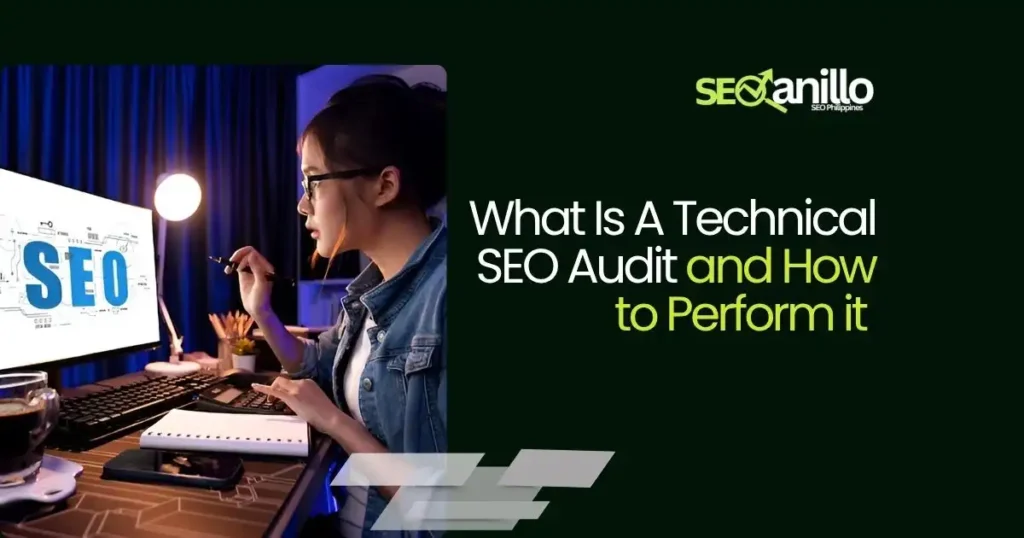 Person working on a computer with 'What Is A Technical SEO Audit' title displayed.