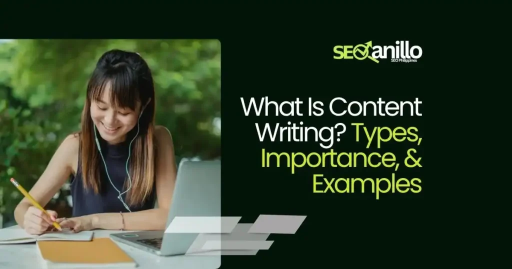 Person writing on a notebook with headphones, with 'What Is Content Writing?' title."