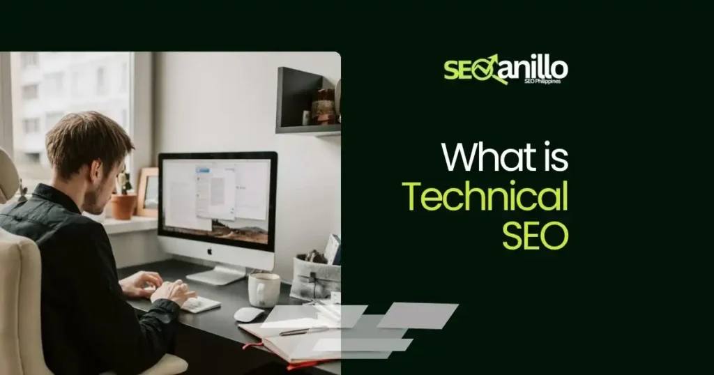 Person working on a computer with the title 'What is Technical SEO' displayed.
