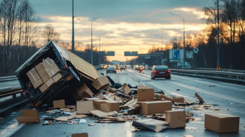 Delivery truck accident on the highway with boxes scattered across the road.