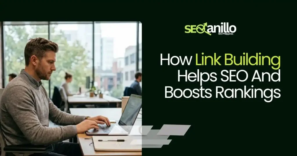 Man working on laptop with text about link building boosting SEO rankings