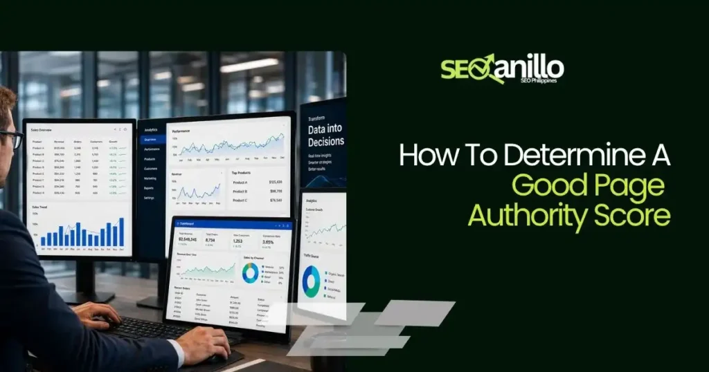 Analyzing data on multiple screens to understand what is a good page authority score.