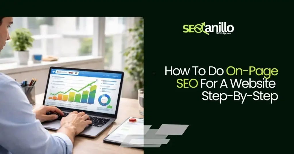 Man working on a laptop analyzing On-Page SEO for a website with charts and graphs.