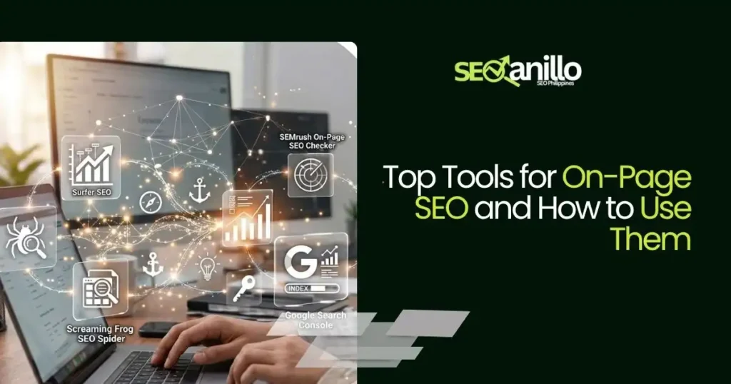 Top on-page SEO tools including SEMrush, Screaming Frog, and Google Search Console.