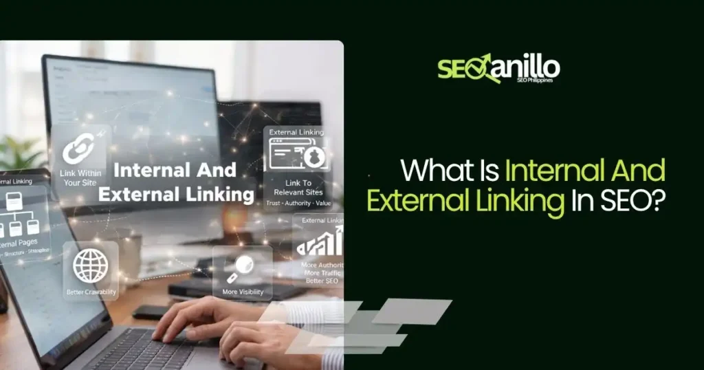 SEO graphic on laptop showing internal and external linking strategy concept