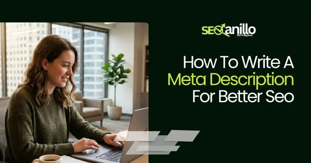 Person working on a laptop with a guide on how to write a meta description for better SEO