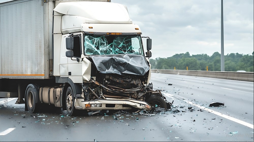 Truck involved in a severe crash on the highway with shattered glass and damage.