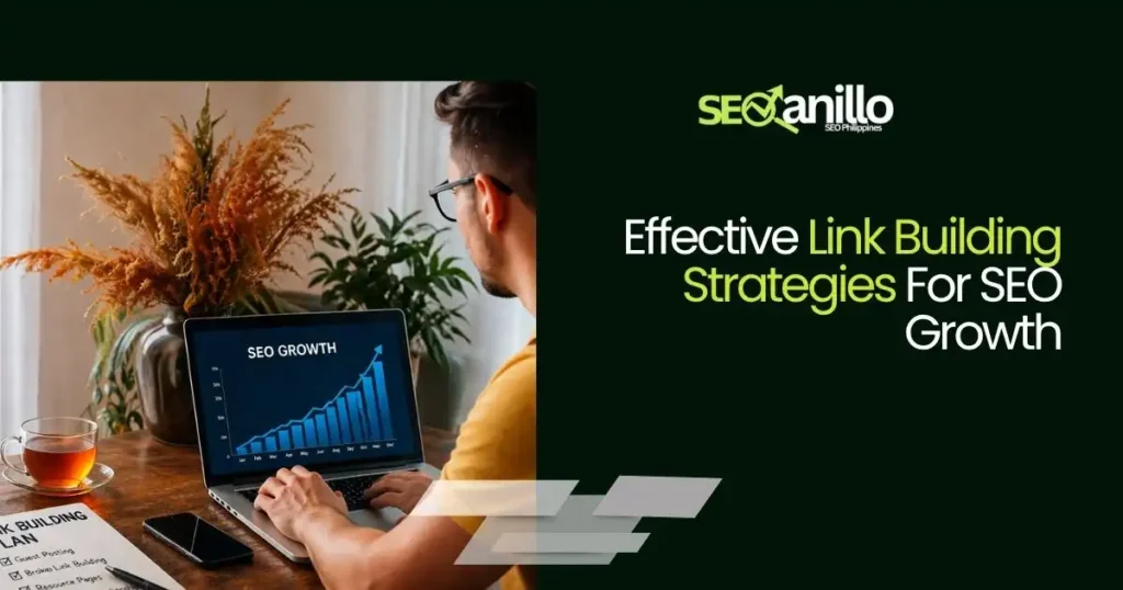 Man reviewing link building strategies on laptop with SEO growth chart
