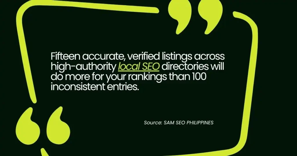 Graphic advising 15 verified local SEO listings beat 100 inconsistent directory entries.