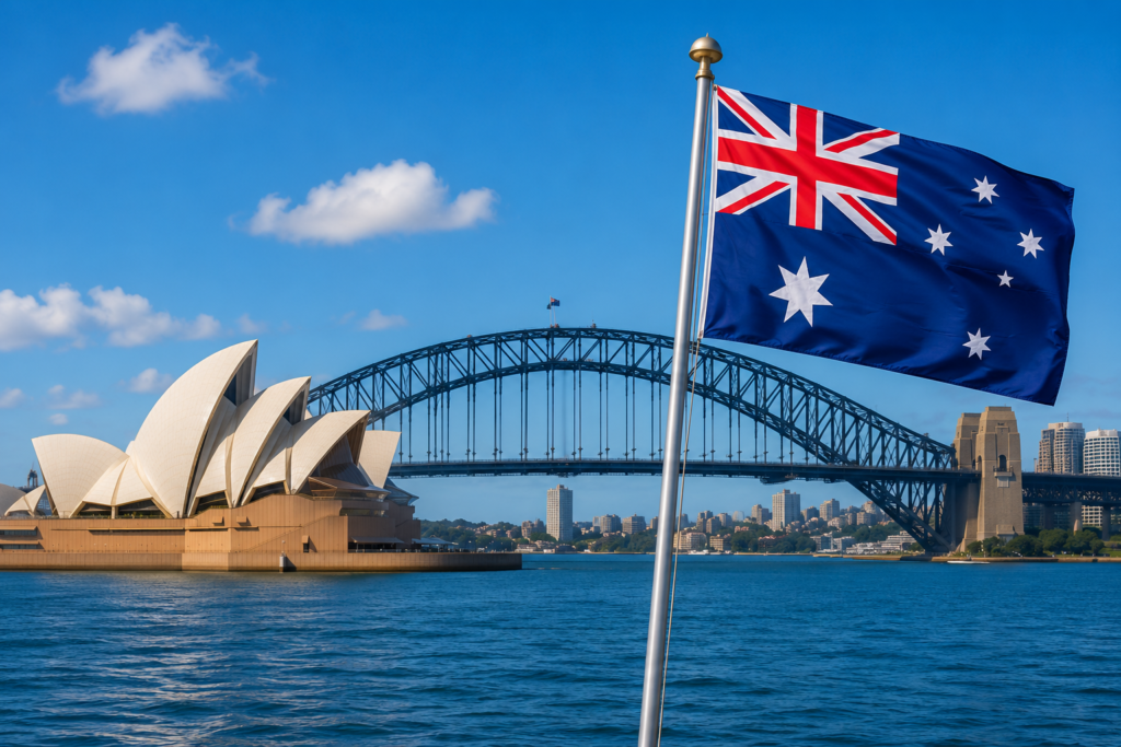 Australia SEO services with Sydney Opera House and Harbour Bridge city skyline view.